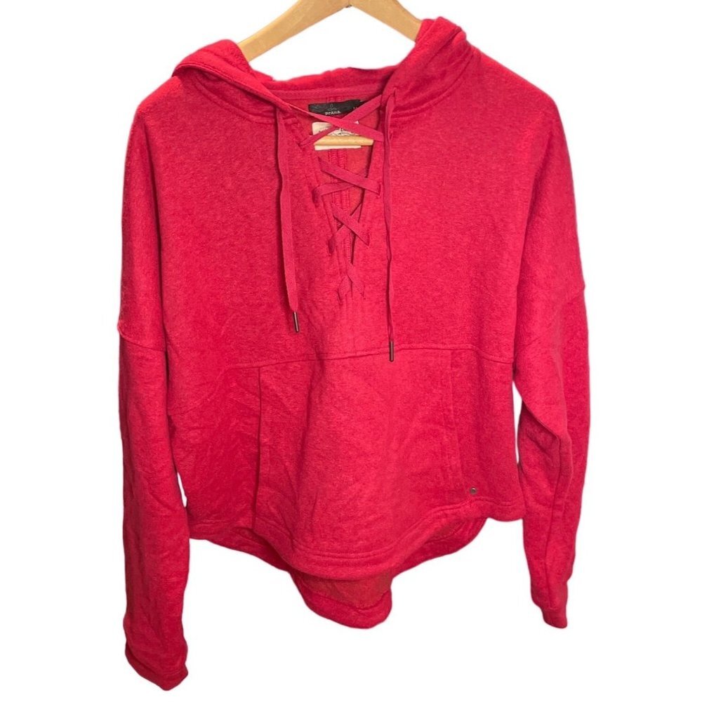 Prana Red Hooded Cropped Lace Up Pullover Sz M